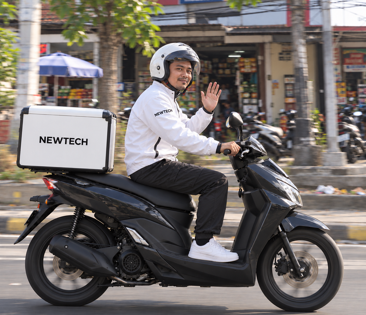 Newtech delivery rider waving beside a branded delivery box
