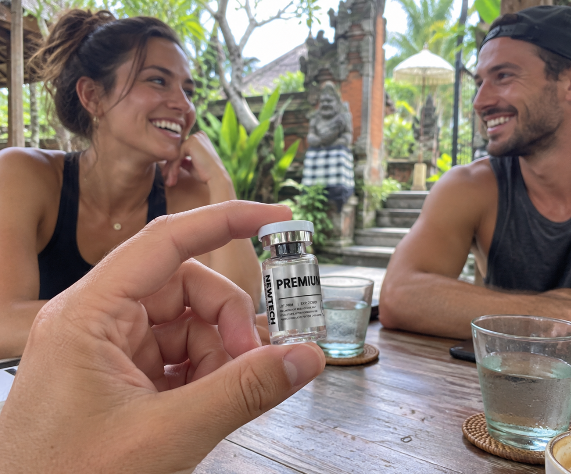 Friends in a Bali café with a Newtech vial in the foreground